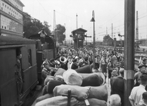 167546 Afbeelding van het vertrek van een groep padvinders per trein naar de Jamboree te Oostenrijk op het perron van ...